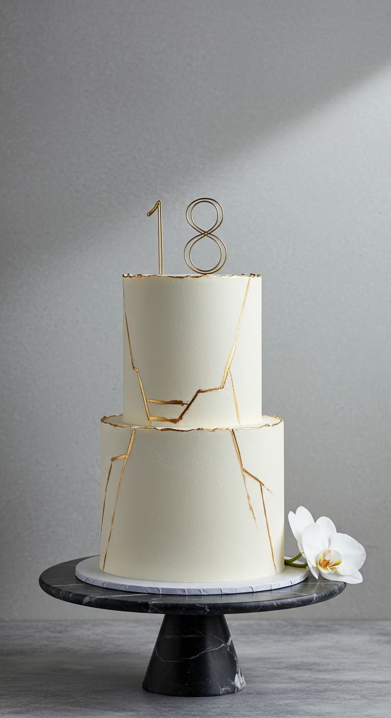 Zweistöckige weiße Torte mit goldenen Kintsugi-Rissen und