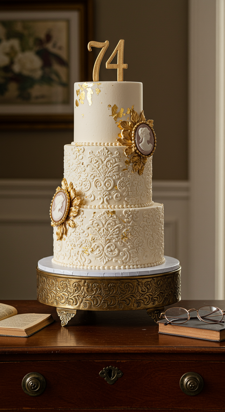 Dreistöckige weiße Torte mit goldenen Cameo-Broschen und filigranen Mustern.