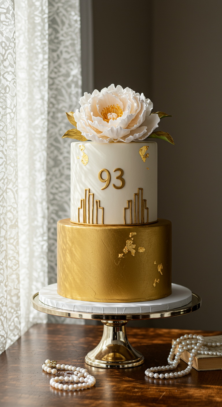 Zweistöckige Torte in Weiß und Gold mit Art-Déco-Muster und großer weißer Blume zum 93. Geburtstag.