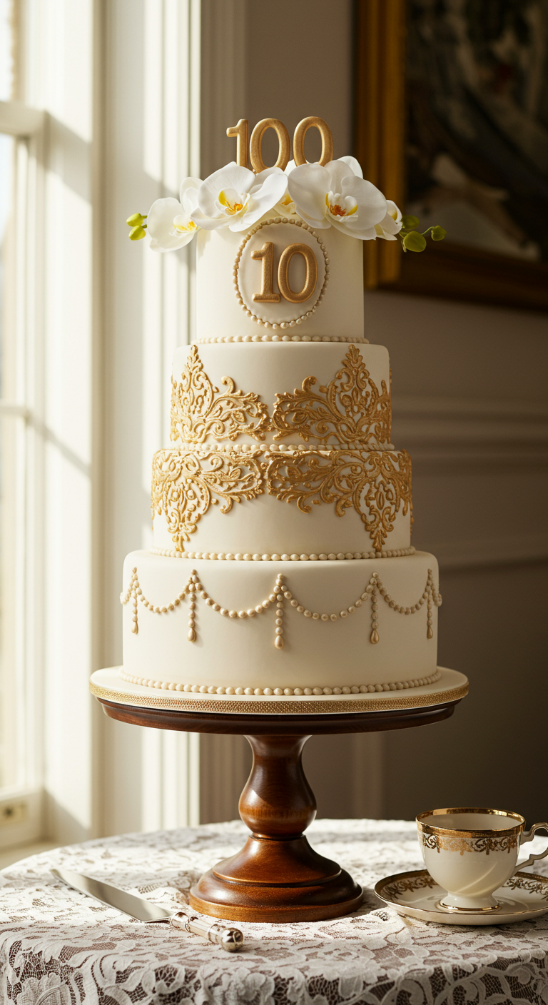Elegante weiße vierstöckige Torte mit goldenen Ornamenten und weißen Orchideen.