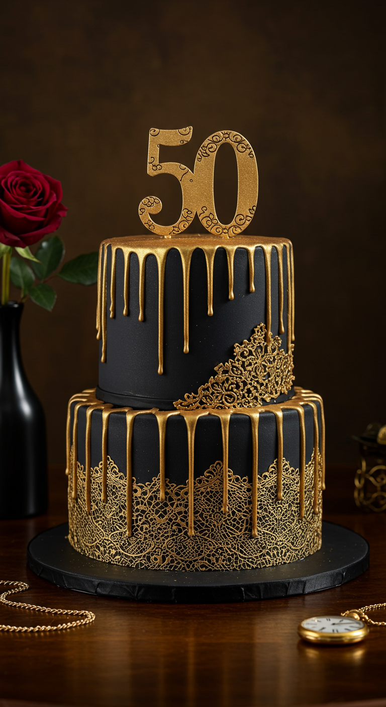 Schwarze zweistöckige Torte mit goldenem Drip-Effekt und '50' Topper.