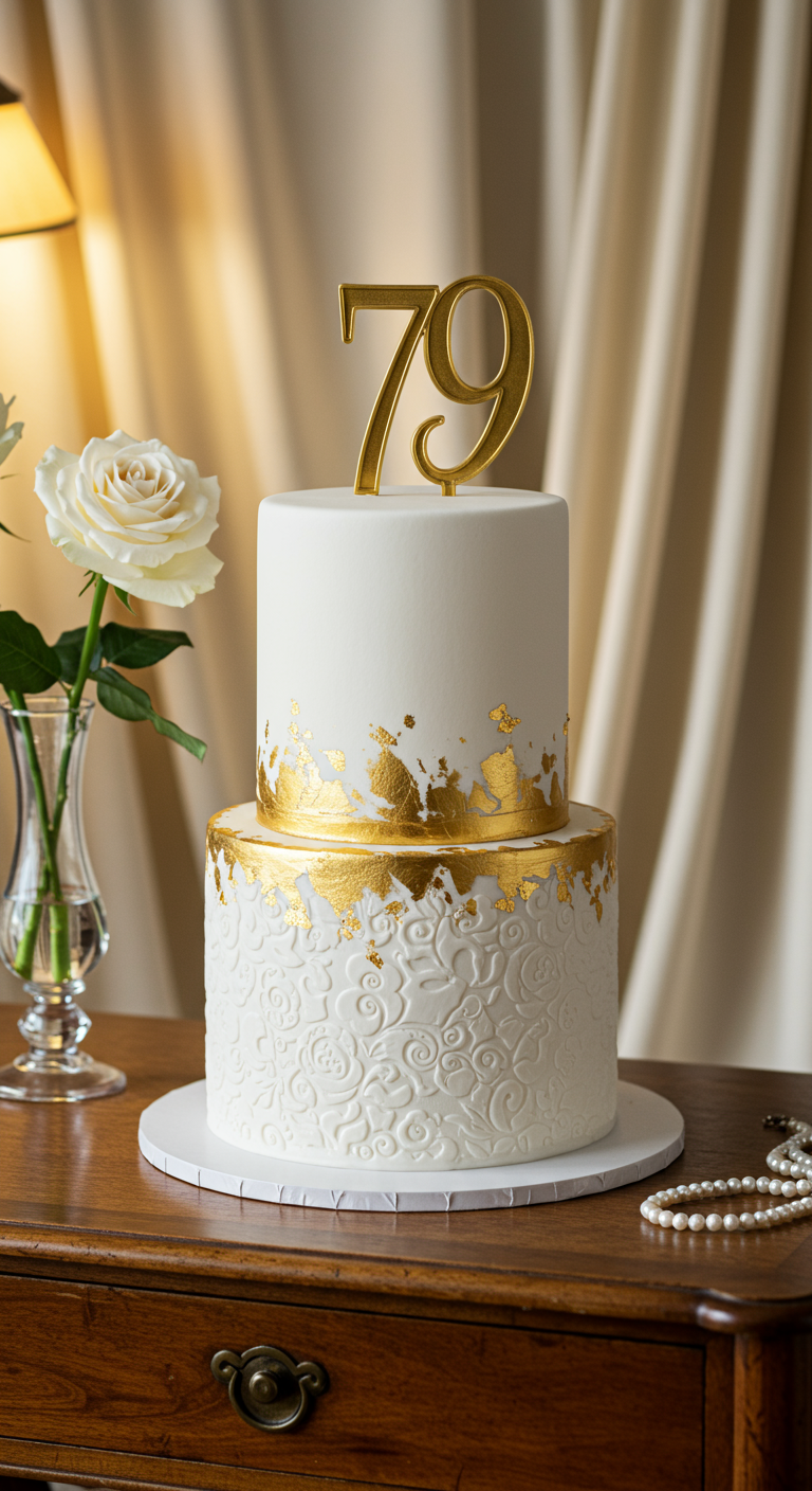 Zweistöckige weiße Torte mit Goldakzenten und goldener Zahl 79.