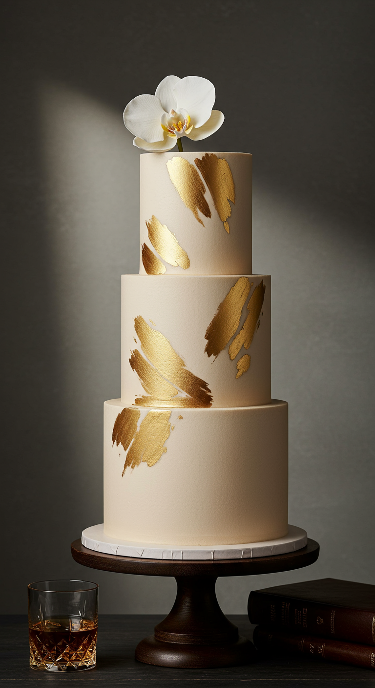 Dreistöckige cremefarbene Torte mit goldenen Pinselstrichen und weißer Orchidee.