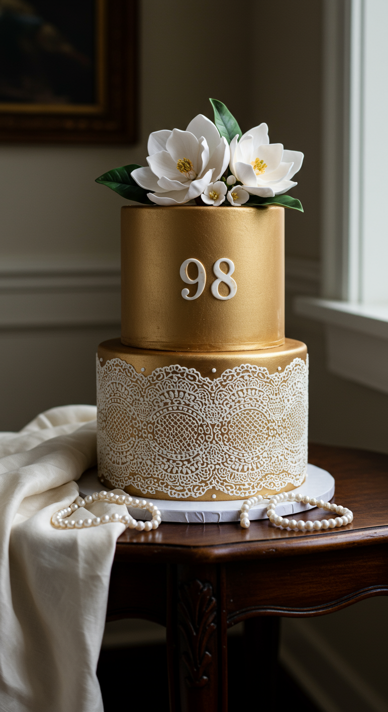 Zweistöckige Gold-Torte mit weißer Spitze, Zahl 98 und Magnolien.