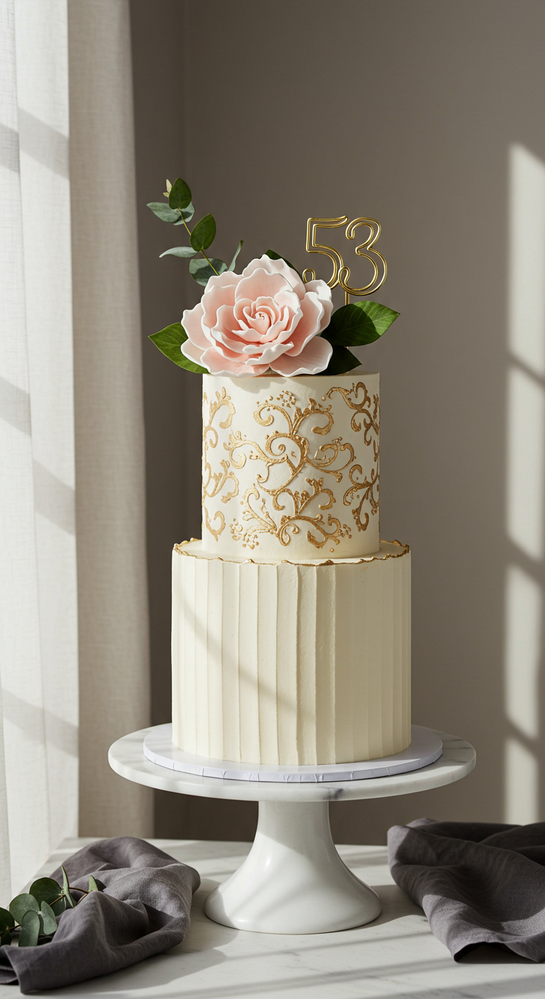 Zweistöckige weiße Torte mit goldenen Ornamenten und rosa Zuckerblume, Zahl 53