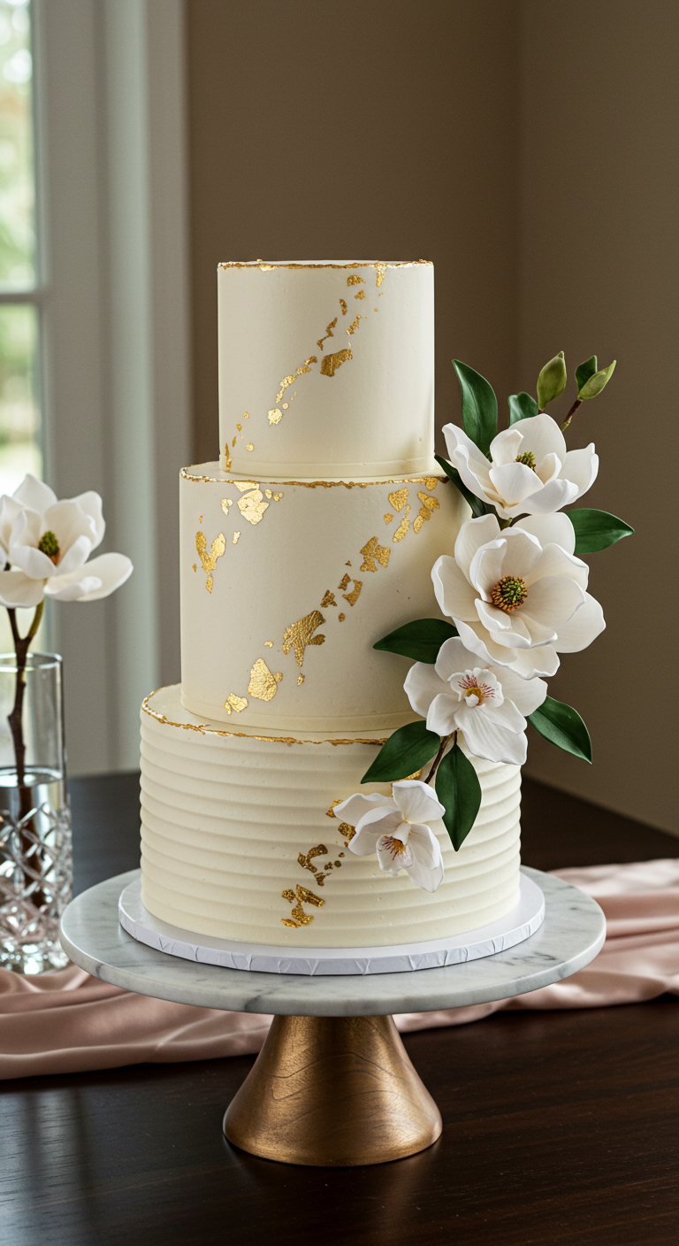Elegante dreistöckige weiße Geburtstagstorte mit Goldflocken und weißen Magnolienblüten.