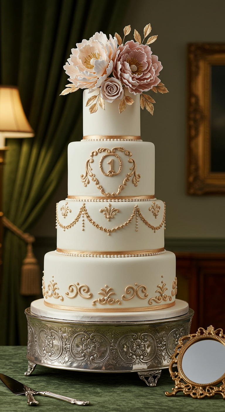 Mehrstöckige weiße Torte mit goldenen Ornamenten und rosa Zuckerblumen.