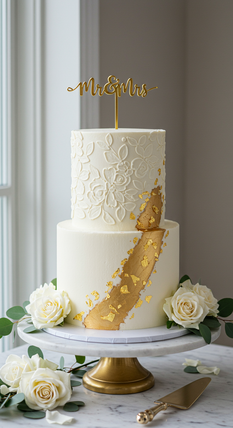 Zweistöckige weiße Jubiläumstorte mit Goldflakes und Rosen.