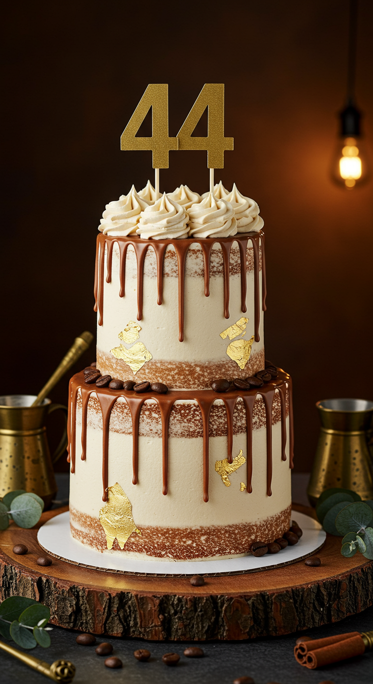 Zweistöckige Naked Cake mit Kaffeebohnen, Schokodrip, Blattgold und der Zahl 44.