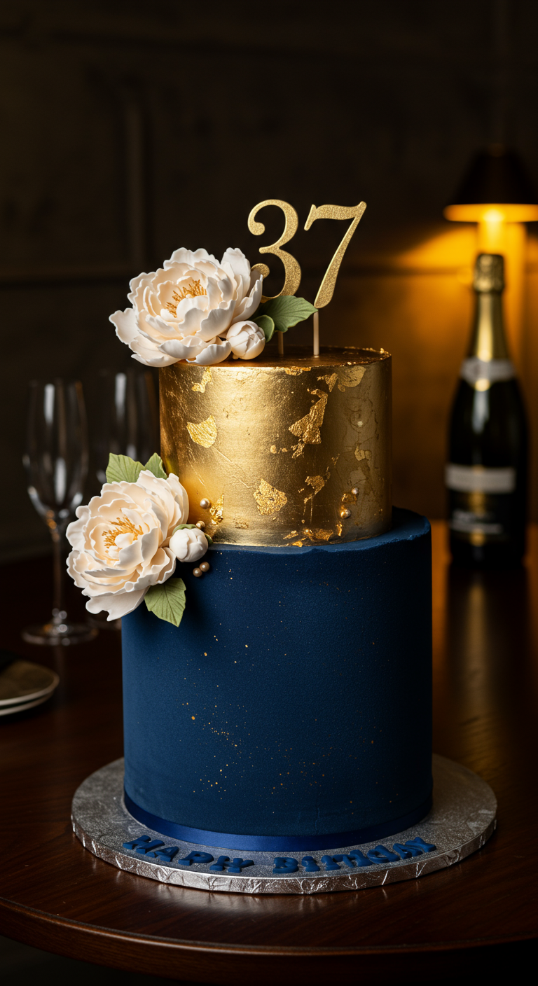 Zweistöckige Geburtstagstorte in Dunkelblau und Gold mit „37“ und weißen Blumen.