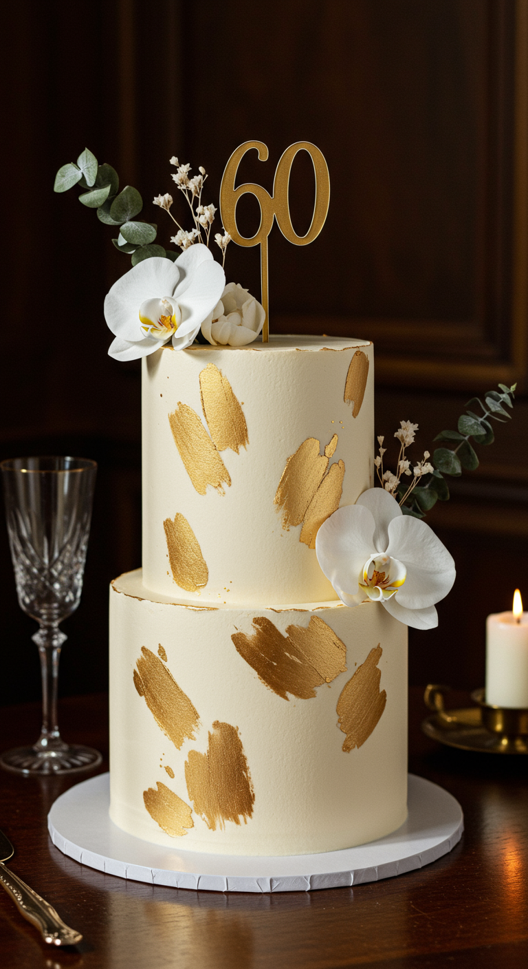 Zweistöckige weiße Torte mit goldenen Pinselstrichen und weißen Orchideen.