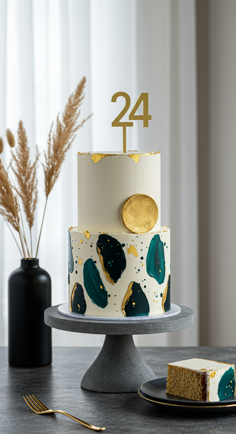 Zweistöckige weiße Torte mit blaugrünen Pinselstrichen und Goldakzenten, Zahl 24 Topper.