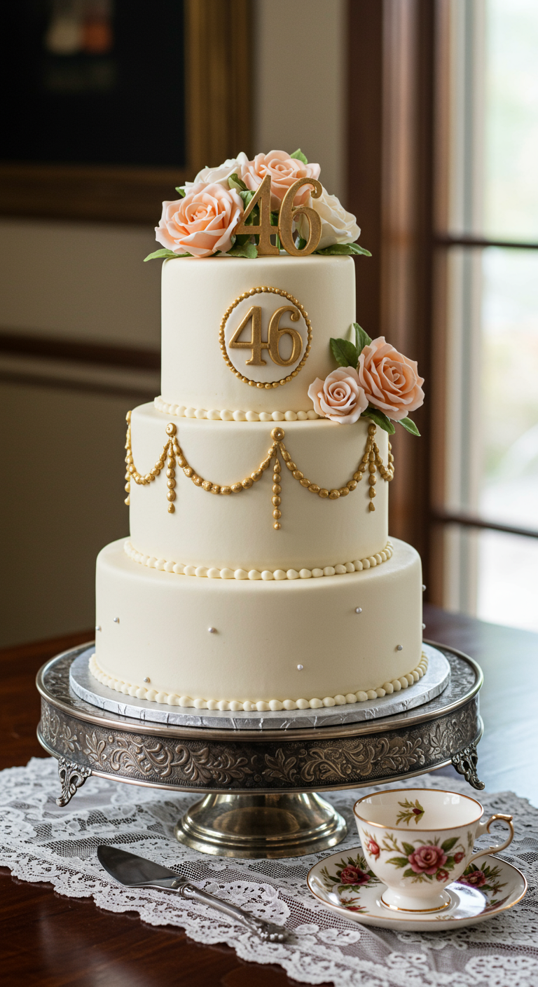Elegante dreistöckige Torte mit Pfirsichrosen und goldenen Akzenten zum 46. Geburtstag.
