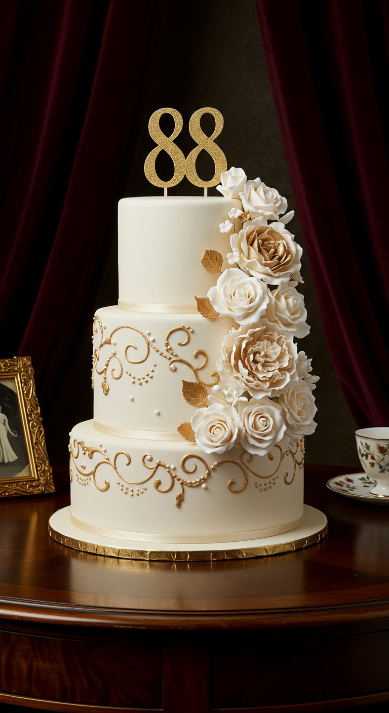 Dreistöckige weiße Torte mit goldenen Verzierungen, Rosen und