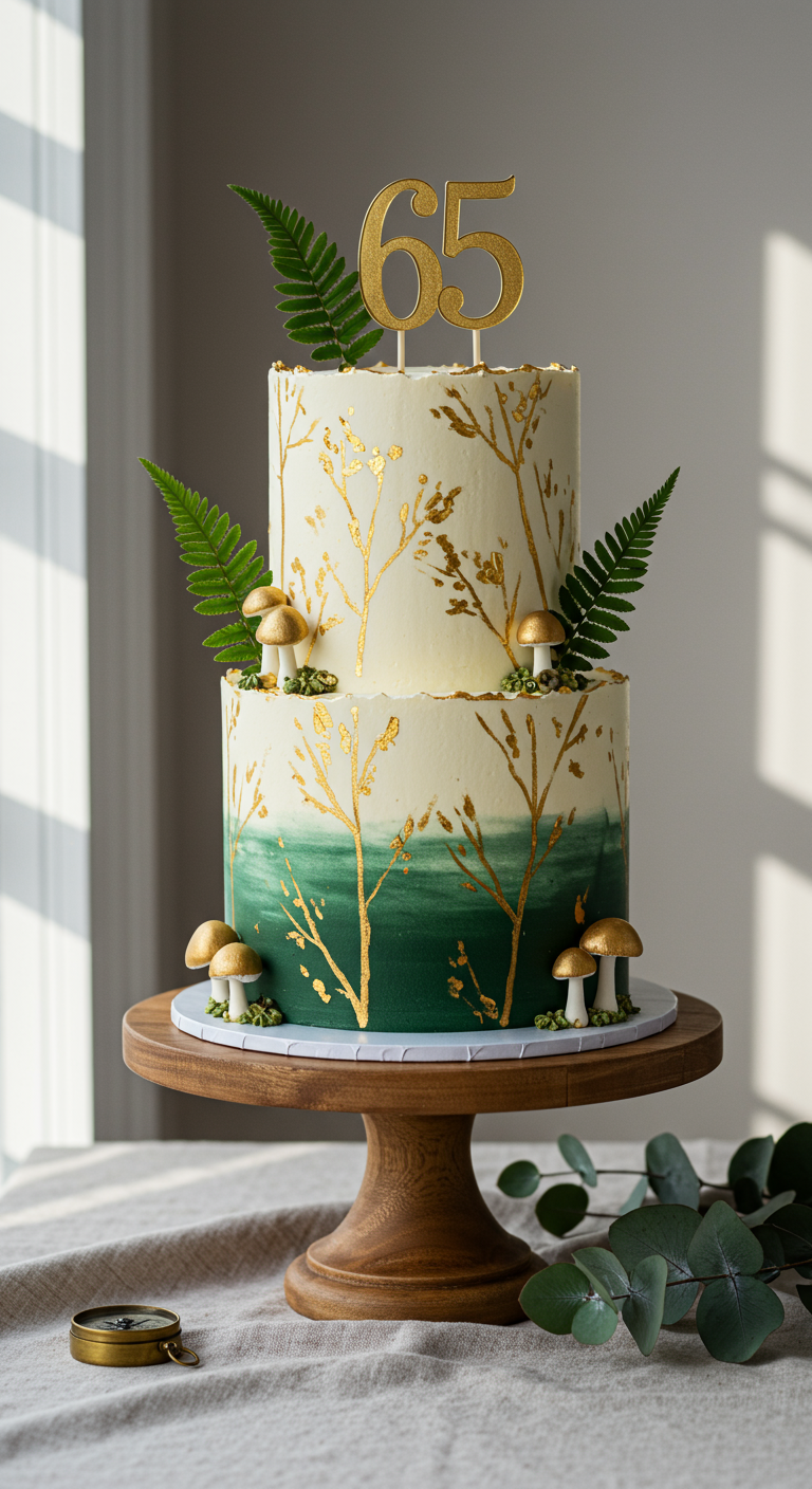 Zweistöckige Torte in Weiß-Grün mit Gold-Deko und Farn.