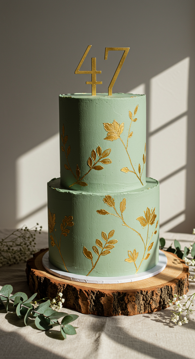 Zweistöckige salbeigrüne Torte mit goldenen Blätterranken und Zahl 47.