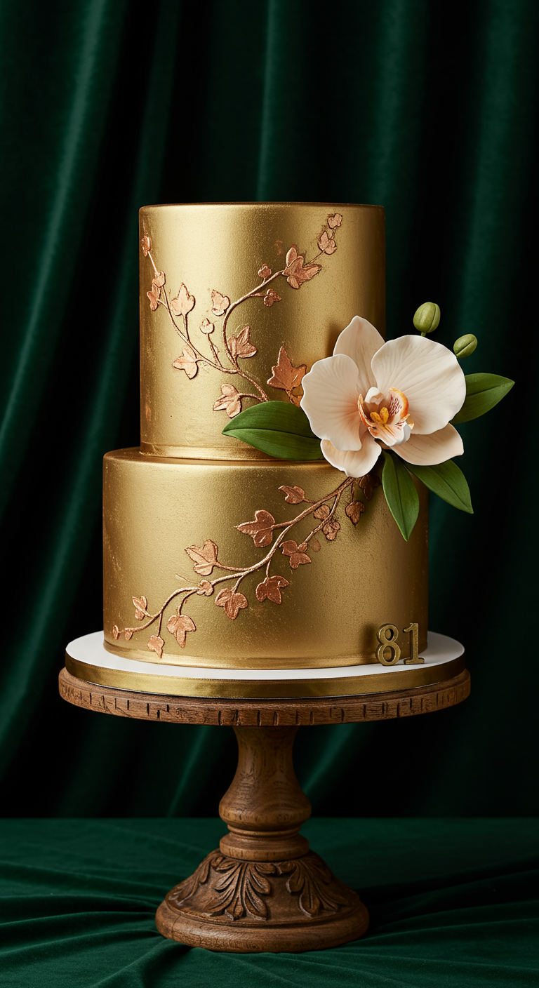 Elegante zweistöckige Goldtorte mit Orchidee und Efeuranken.