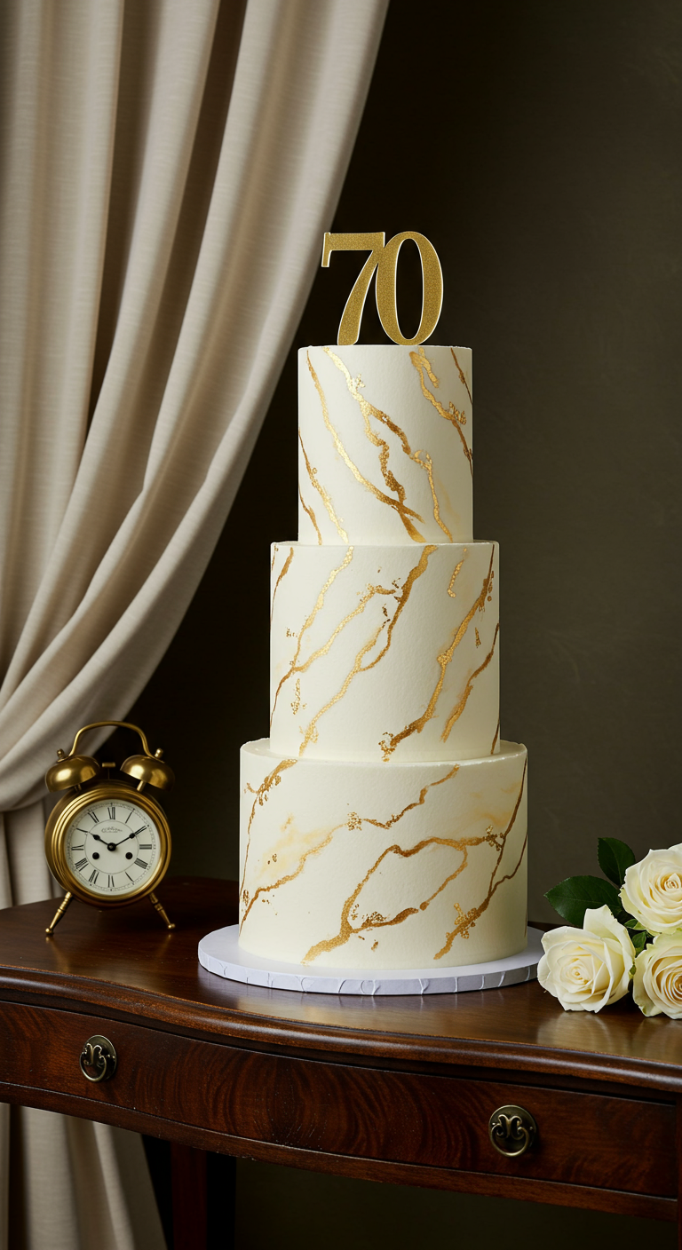 Dreistöckige weiße Torte mit goldenen Marmor-Akzenten und