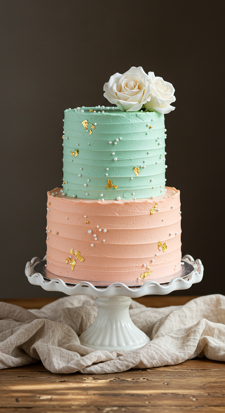 Zweistöckige Pastelltorte in Mint und Pfirsich mit Goldakzenten und Rosen.