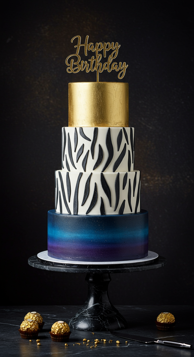 Mehrstöckige Torte: Gold, Zebraprint, blau-violetter Airbrush-Verlauf, Happy Birthday Topper.