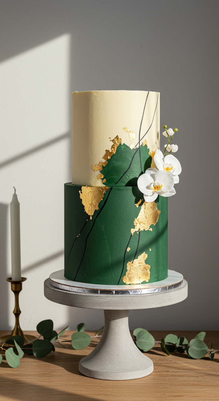 Zweistöckige Torte in Smaragdgrün und Creme mit Blattgold und weißen Orchideen.