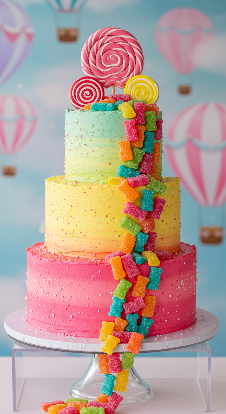 Dreistöckige Torte in Pastellfarben mit Gummibärchen-Wasserfall und Lollis.