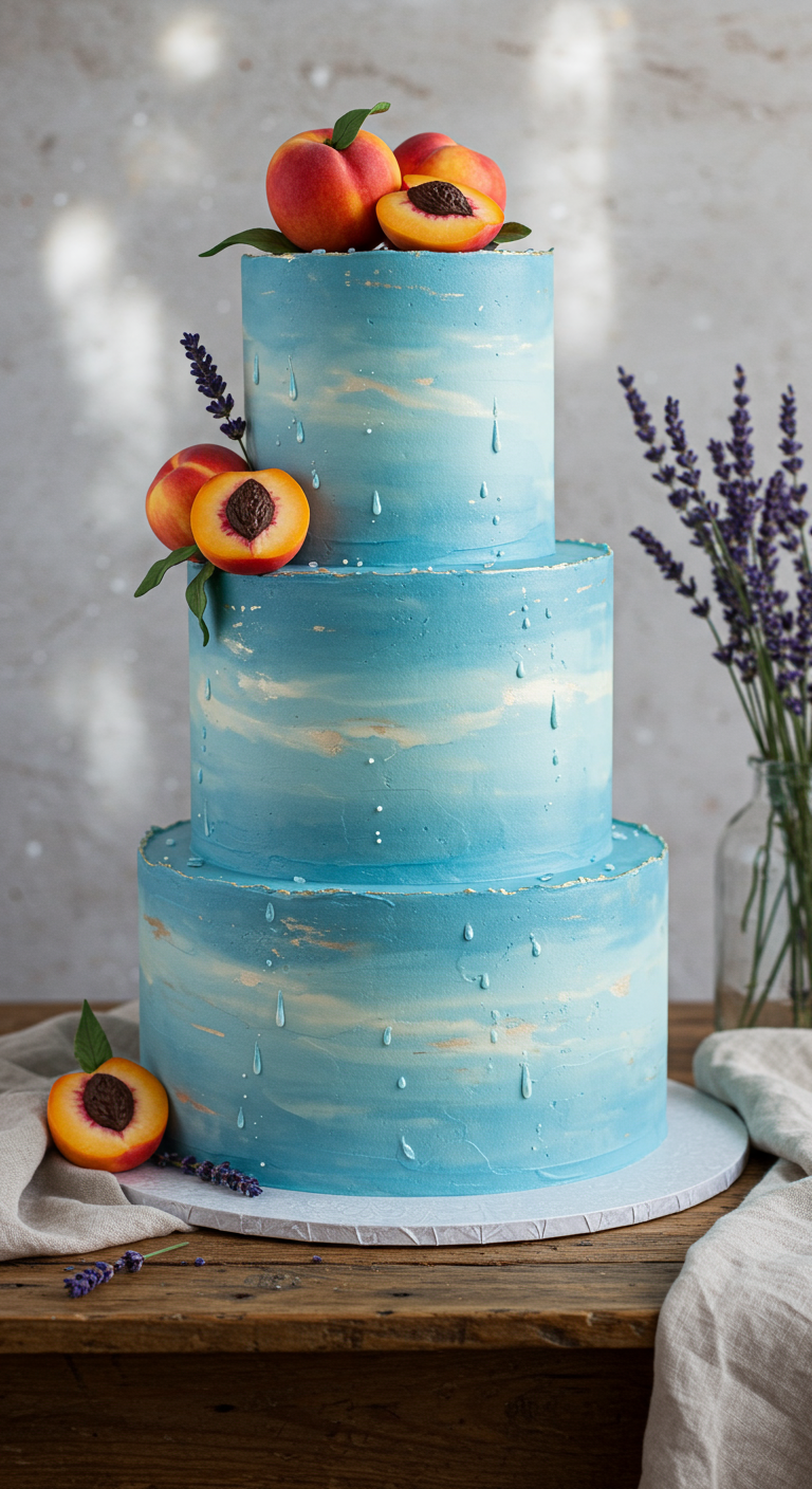 Dreistöckige Torte in Himmelblau mit Pfirsichhälften und Lavendel.