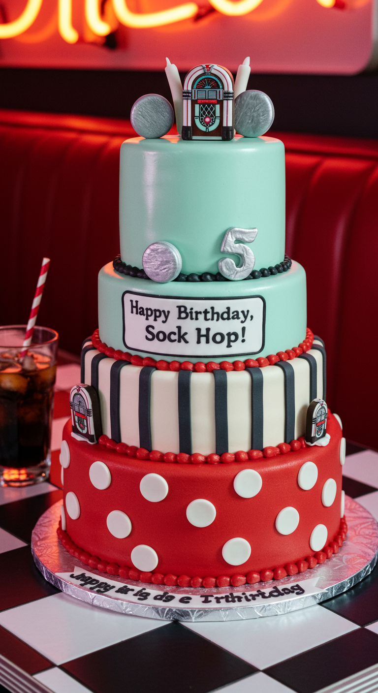 Dreistöckige Geburtstagstorte im 50er-Jahre-Diner-Stil mit Jukebox-Topper.