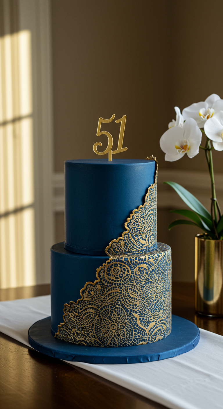 Zweistöckige marineblaue Torte mit goldener Spitze und Zahl 51.