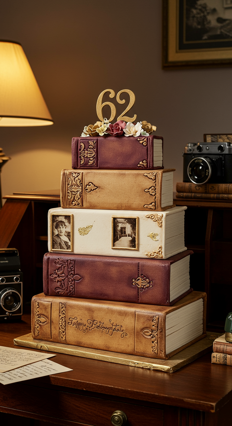 Mehrstöckige Torte in Form von alten Büchern mit goldenen Details und Zahl 62.