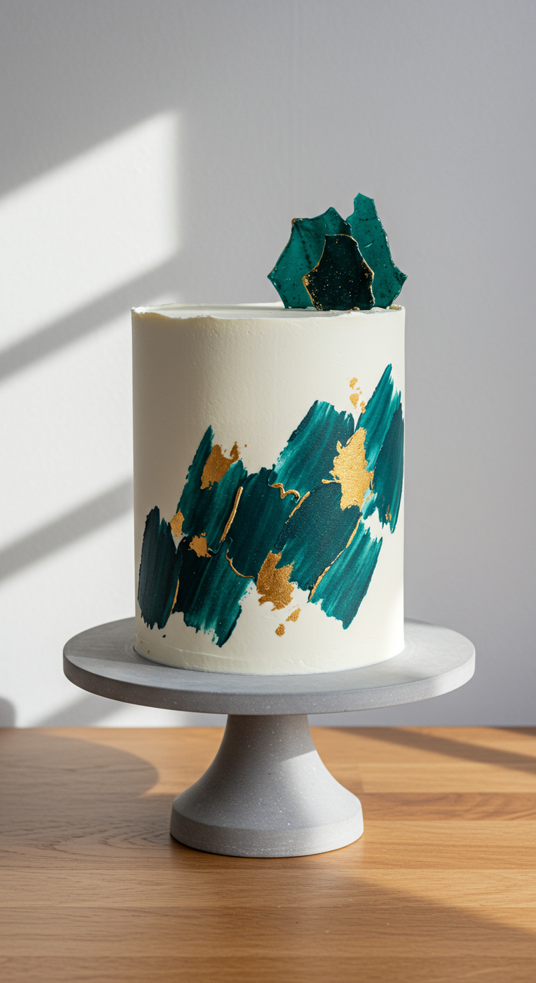 Hohe weiße Torte mit blaugrünen Pinselstrichen und Goldakzenten.
