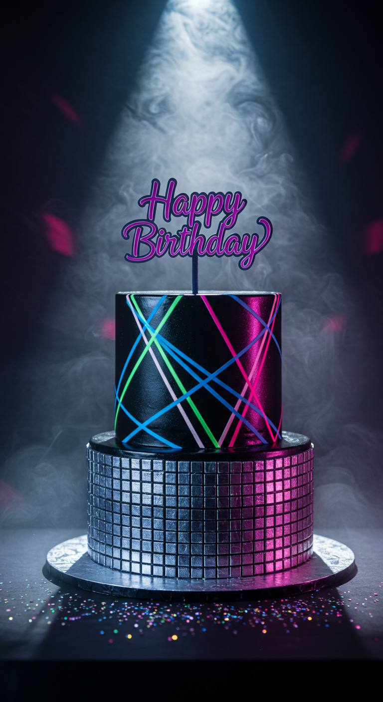 Zweistöckige Torte mit Discokugel-Basis und Laserlinien-Design oben.