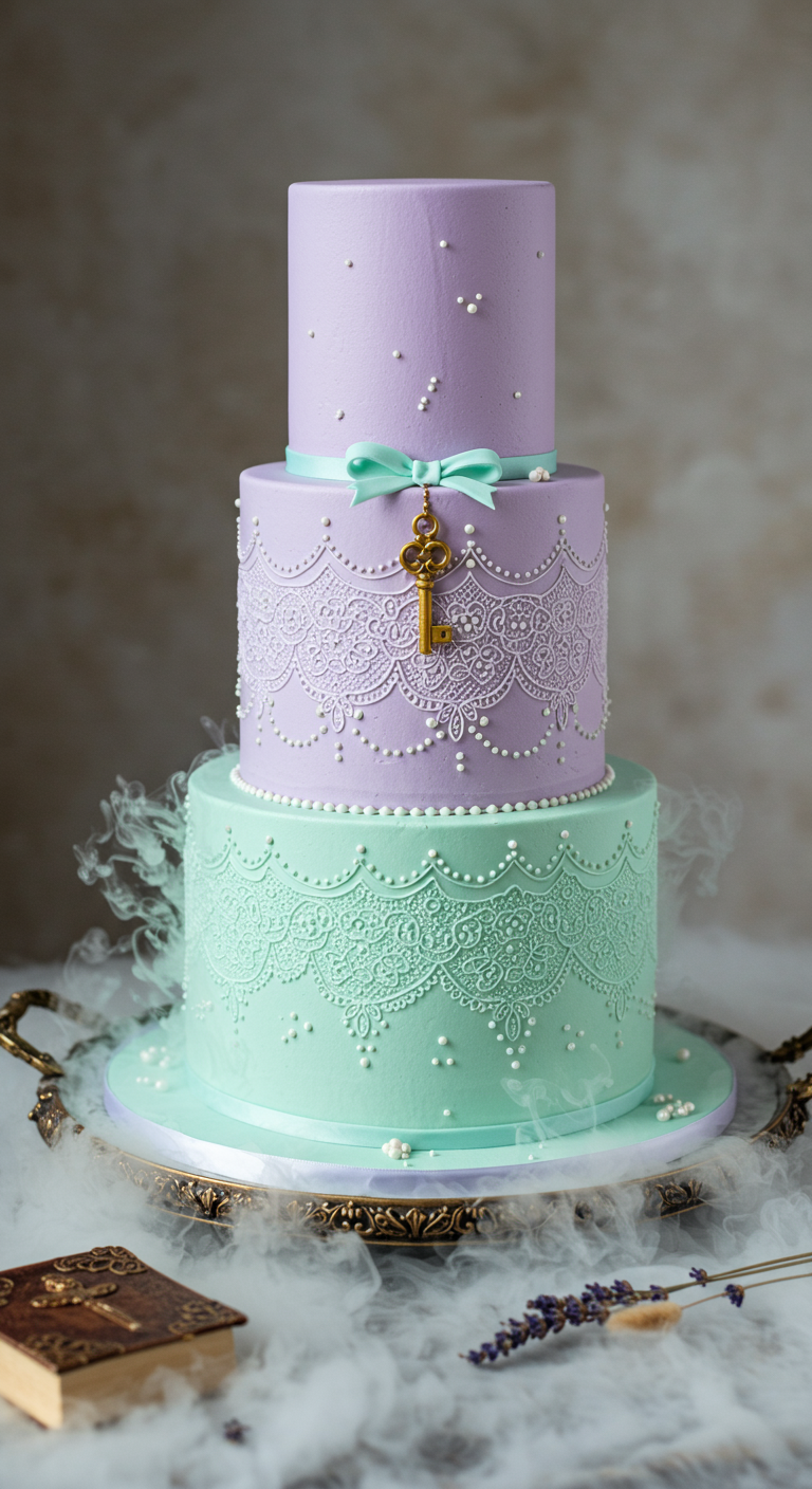 Dreistöckige Torte in Lavendel und Mintgrün mit Spitzenmuster und goldenem Schlüssel.