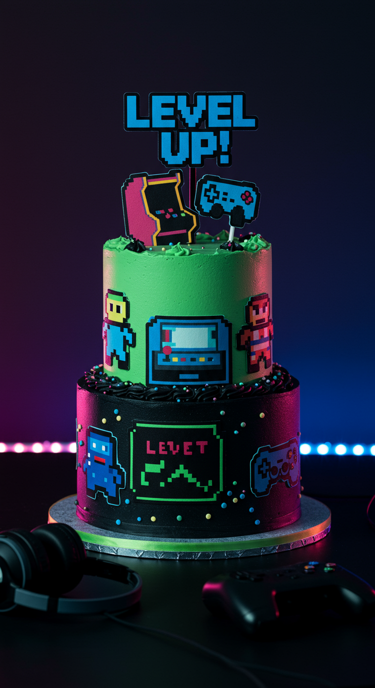 Zweistöckige Gaming-Torte mit Pixel-Deko und
