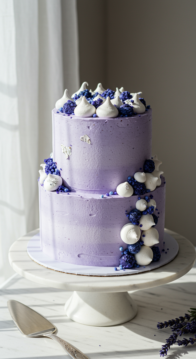 Zweistöckige lila Torte mit Baisertupfen und blauen Streuseln auf Marmorplatte.