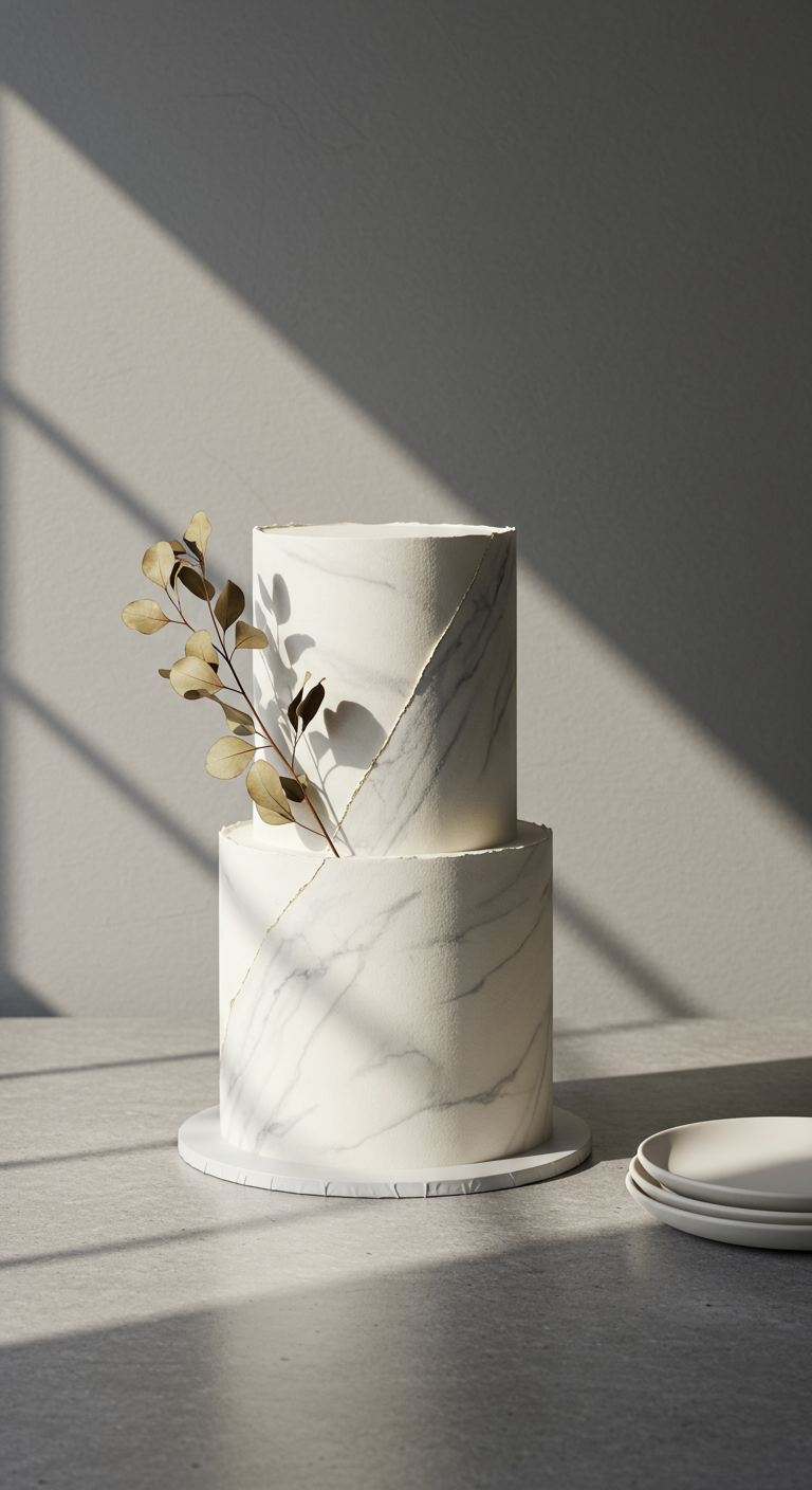 Zweistöckige weiße Torte mit Marmor-Effekt und getrocknetem Eukalyptuszweig.