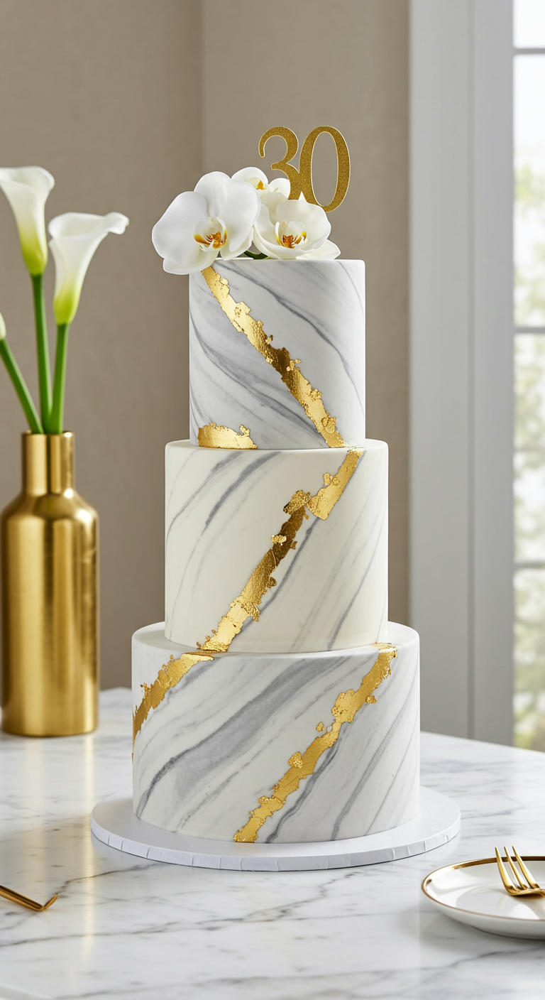 Dreistöckige Marmortorte mit Goldakzenten, Orchideen und 30-Topper.