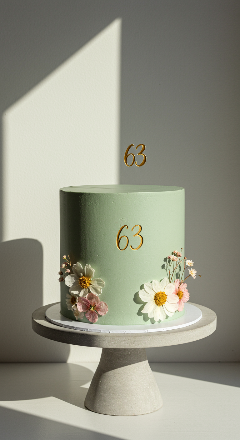 Minimalistische mintgrüne Torte mit goldenen 63-Zahlen und echten Blumen auf Betonsockel.