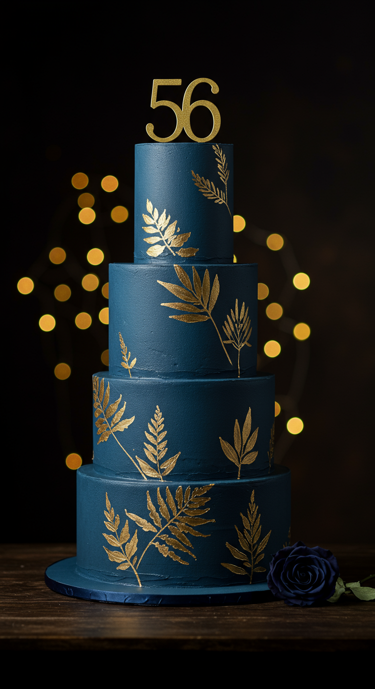 Elegante vierstöckige dunkelblaue Torte mit goldenen Blätterverzierungen und Zahl 56.