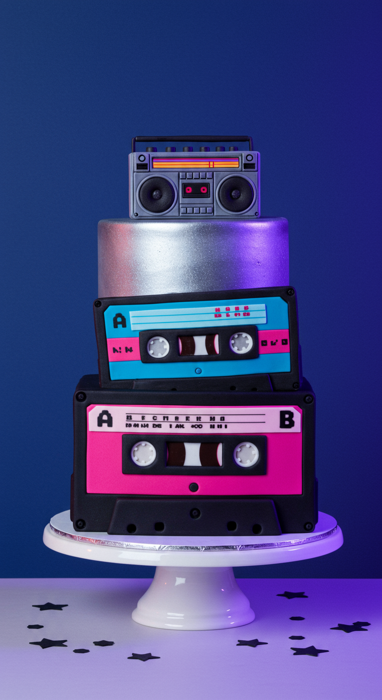 Mehrstöckige Torte als Kassetten und Ghettoblaster, 80er-Jahre-Stil