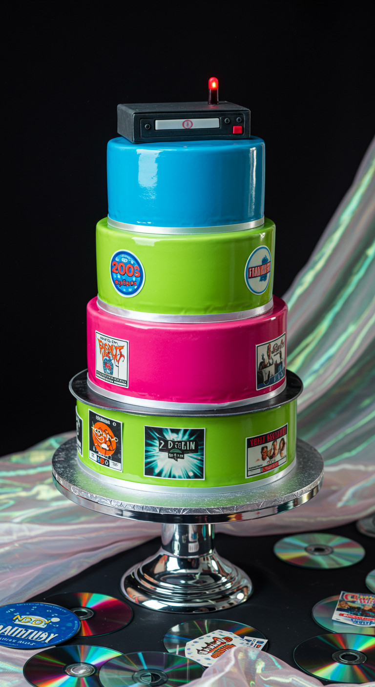 Bunte vierstöckige Torte im 2000er-Look mit CD-Labeln und Pager-Topper.