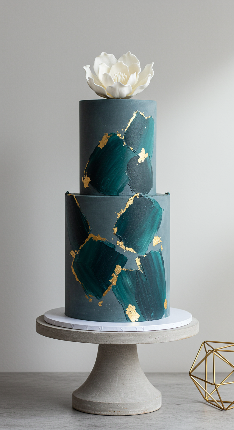 Zweistöckige dunkelgrüne Torte mit Gold-Pinselstrichen und weißer Blüte.