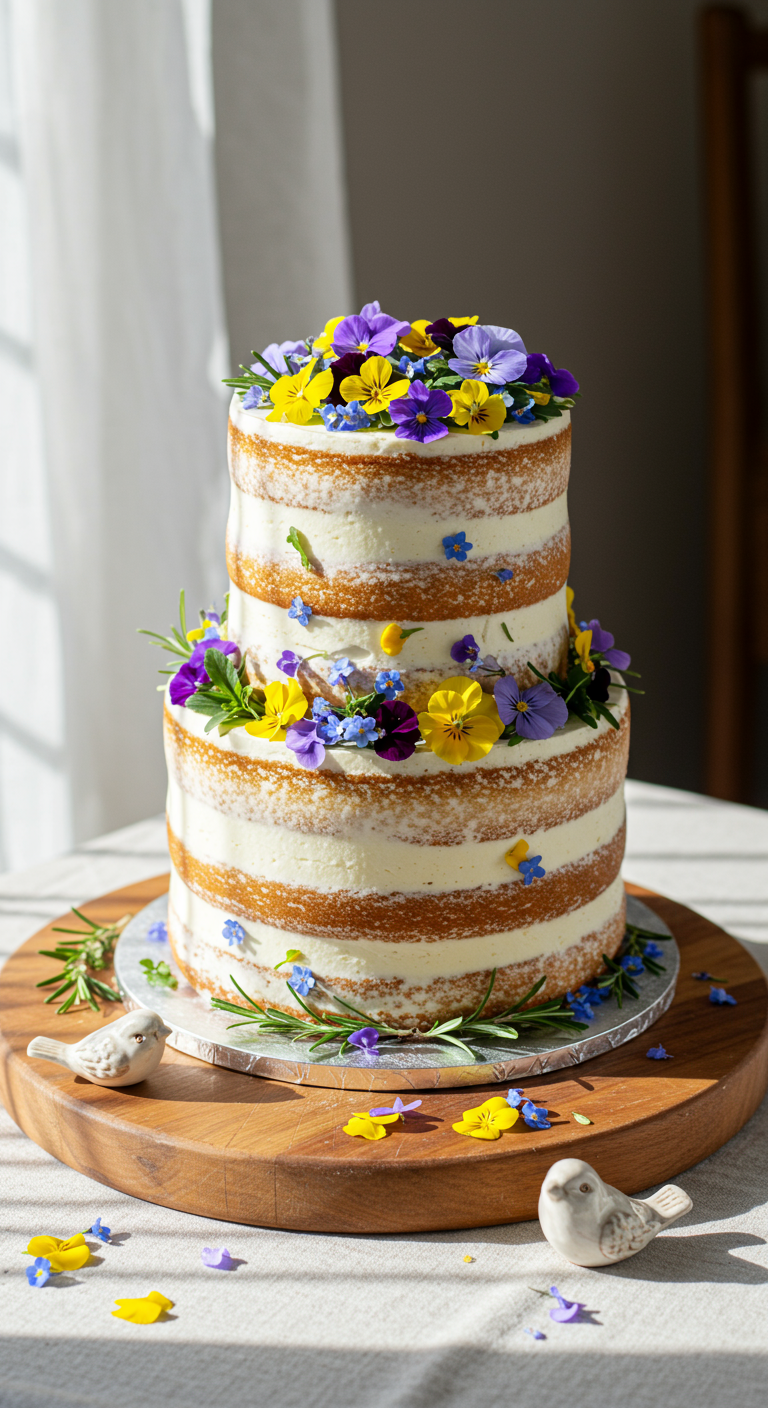 Zweistöckige Naked Cake mit Buttercreme und bunten, essbaren Blüten wie Stiefmütterchen dekoriert.