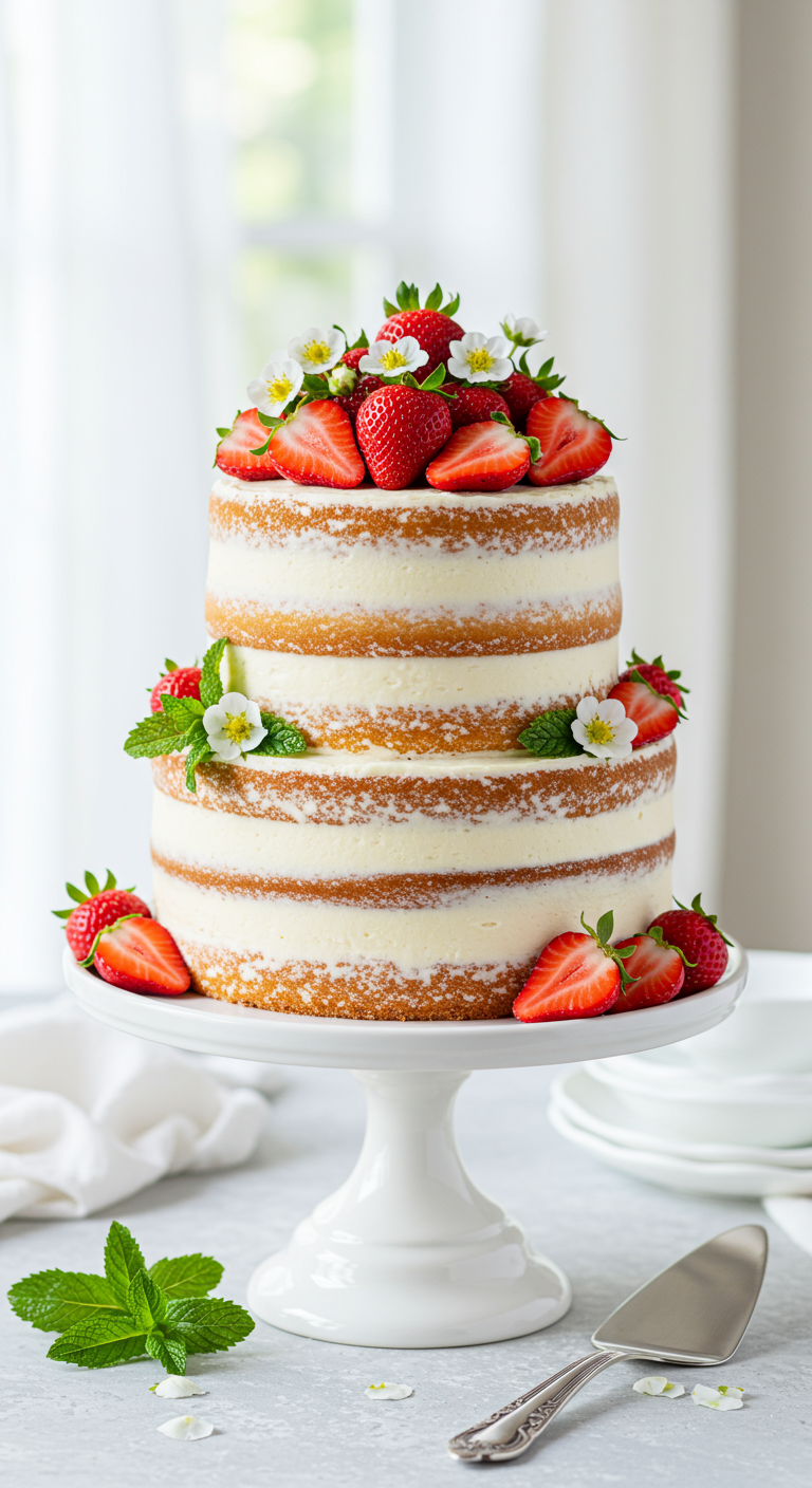 Zweistöckige Naked Cake mit frischen Erdbeeren und weißen Blüten.