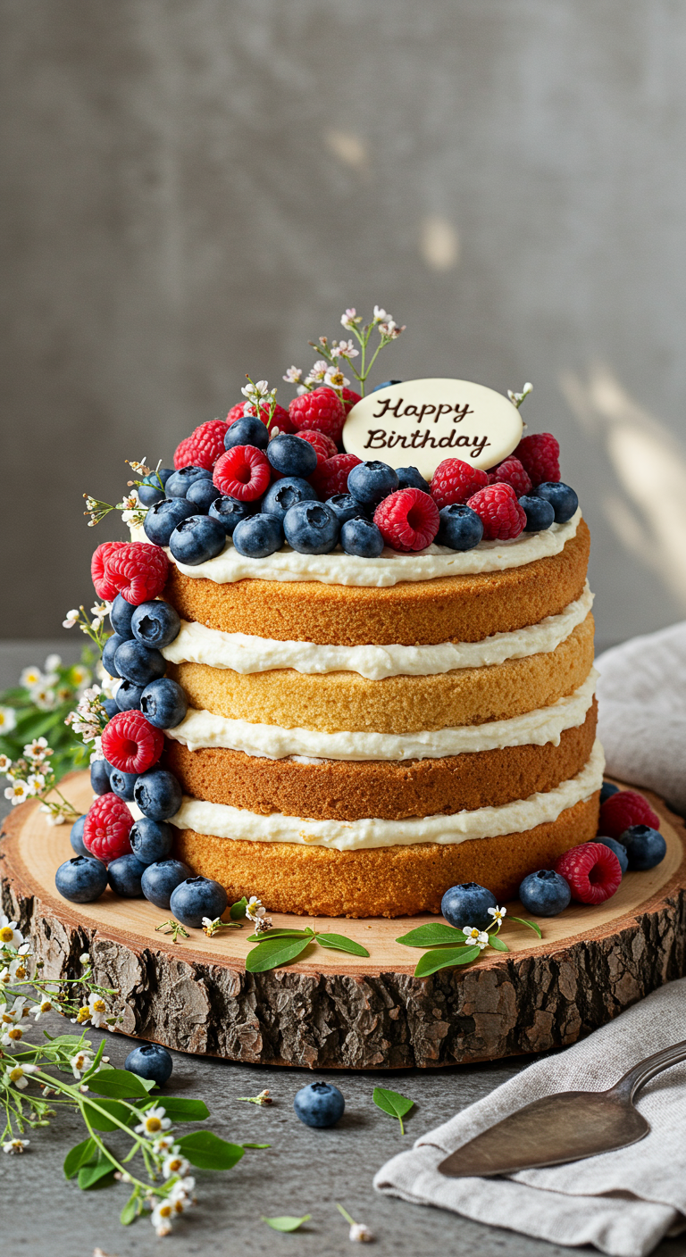 Mehrstöckige Naked Cake mit Himbeeren, Blaubeeren und Happy Birthday Schild.
