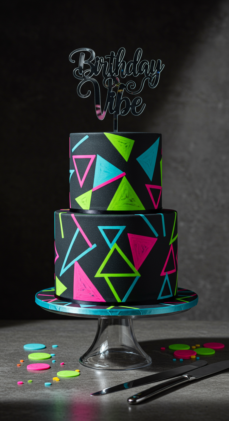 Zweistöckige schwarze Torte mit bunten Neon-Dreiecken, 'Birthday Vibe' Topper.