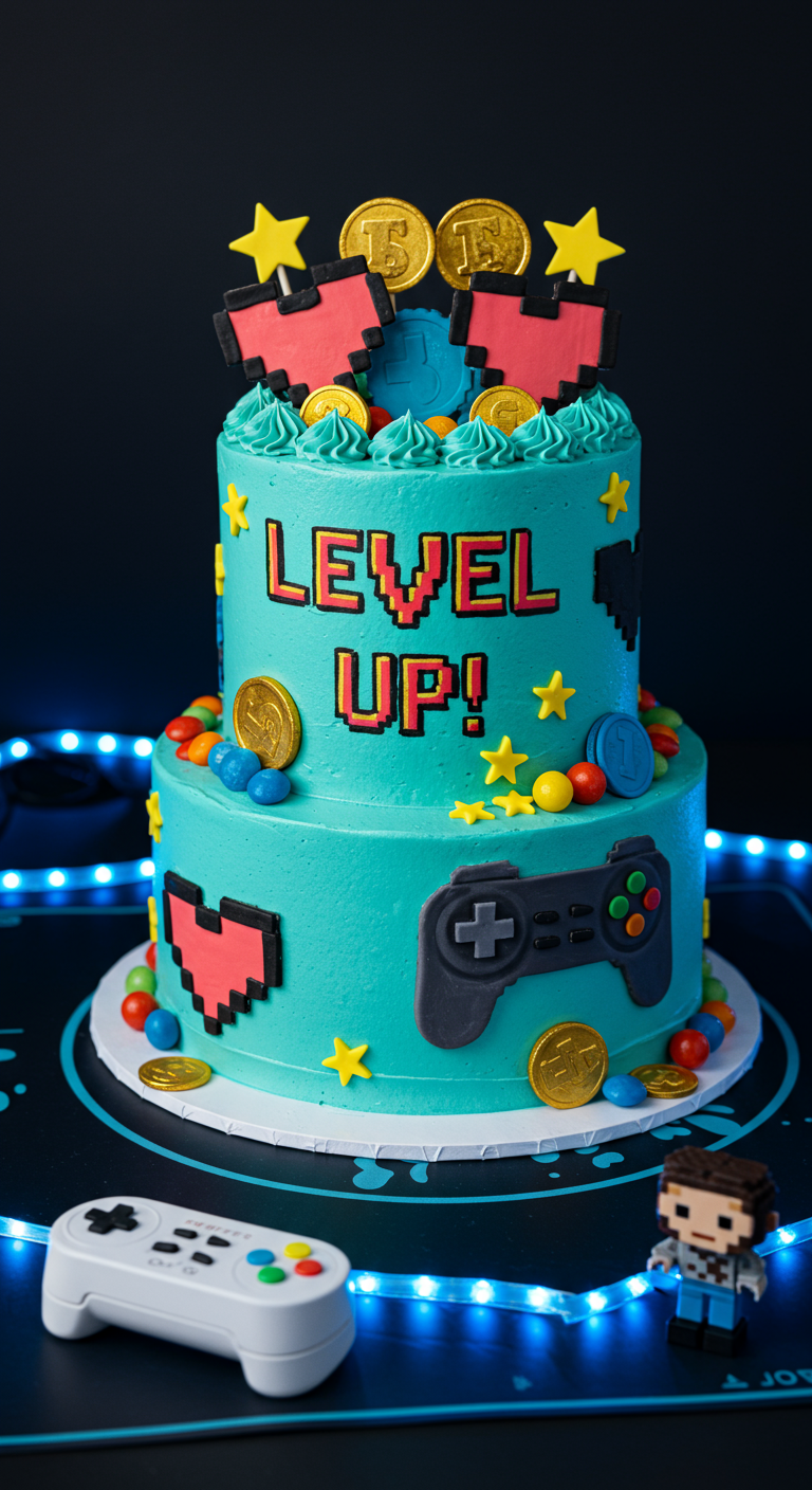 Zweistöckige türkise Torte mit Gamer-Deko wie Controller und Pixel-Herzen, Schriftzug „LEVEL UP“.