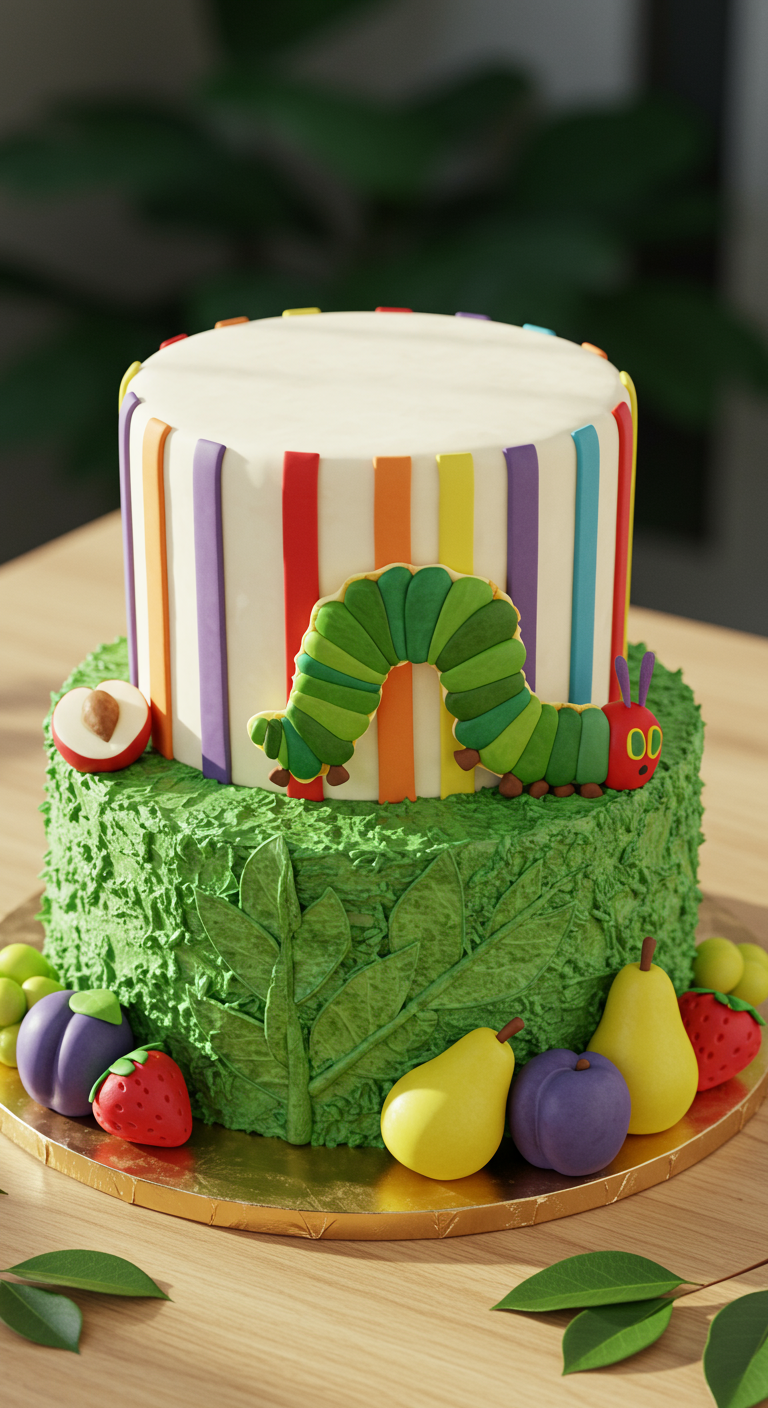 Zweistöckige Torte mit Raupe Nimmersatt Motiv, bunten Streifen und Marzipanfrüchten.
