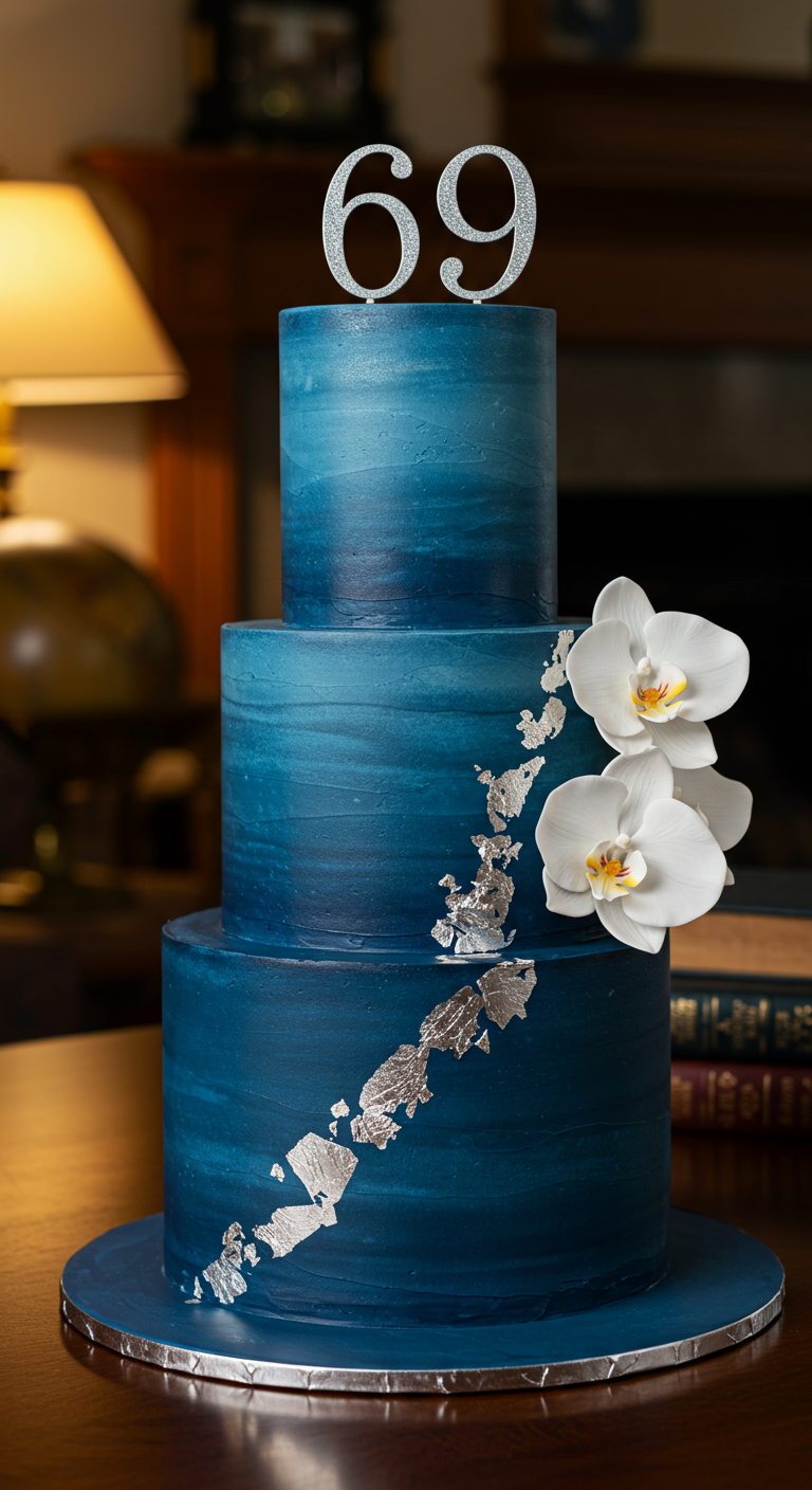 Dreistöckige blaue Ombré-Torte mit Silberakzenten und weißen Orchideen, Zahl 69.
