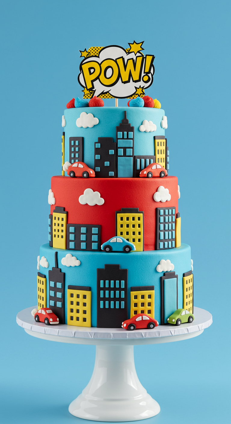 Dreistöckige Superhelden-Torte mit Comic-Skyline und POW!-Topper.